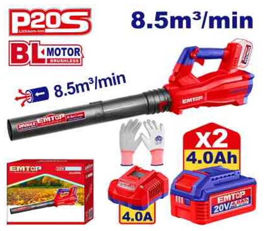 Brushless 20V Cordless Blower 18500rpm 8.5m³/min 144km/h Variable Speed with PU Gloves 2x4.0Ah Batteries 4A Fast Charger Color Box Pack